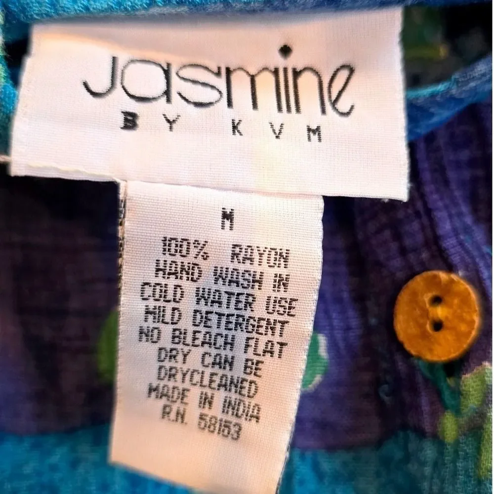 Vintage 1990s Jasmine KVM Maxi Dress Womens M Blue Batik Floral Button Front 90s